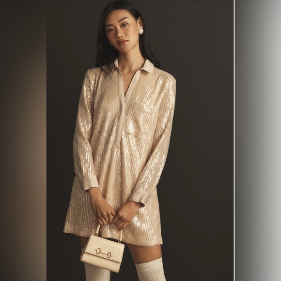 Anthropologie’s Pilcro Longsleeve Sequin Mini Shirt Dress in Ivory - New! - Picture 2 of 8
